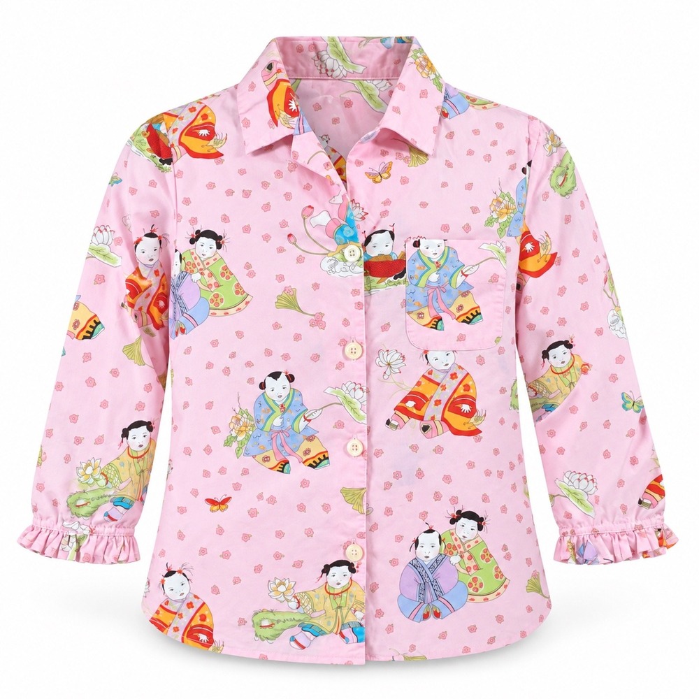 Nick & Nora Y2K Pajama Top Women L Pink Geisha Print AsianCotton Ruffle  Sleeve